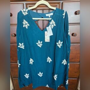 NWT, Talori, Teal V-Neck Dress with Cream Floral Embroidery, Sz. M & L